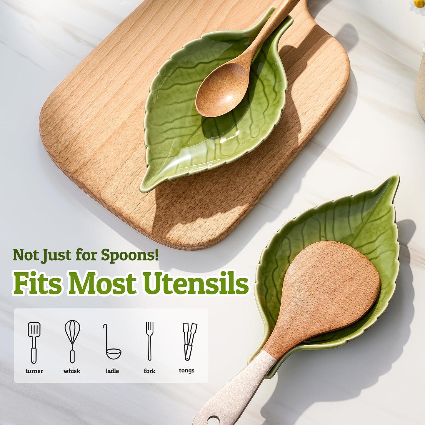Ceramic Leaf Spoon Rest - Cute Green Cooking Spoon Holder for Stove Top & Kitchen Counter, Heat Resistant Spatula & Utensil Rest, Unique Kitchen Decor Gift, 1 Pack