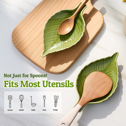 Ceramic Leaf Spoon Rest - Cute Green Cooking Spoon Holder for Stove Top & Kitchen Counter, Heat Resistant Spatula & Utensil Rest, Unique Kitchen Decor Gift, 1 Pack