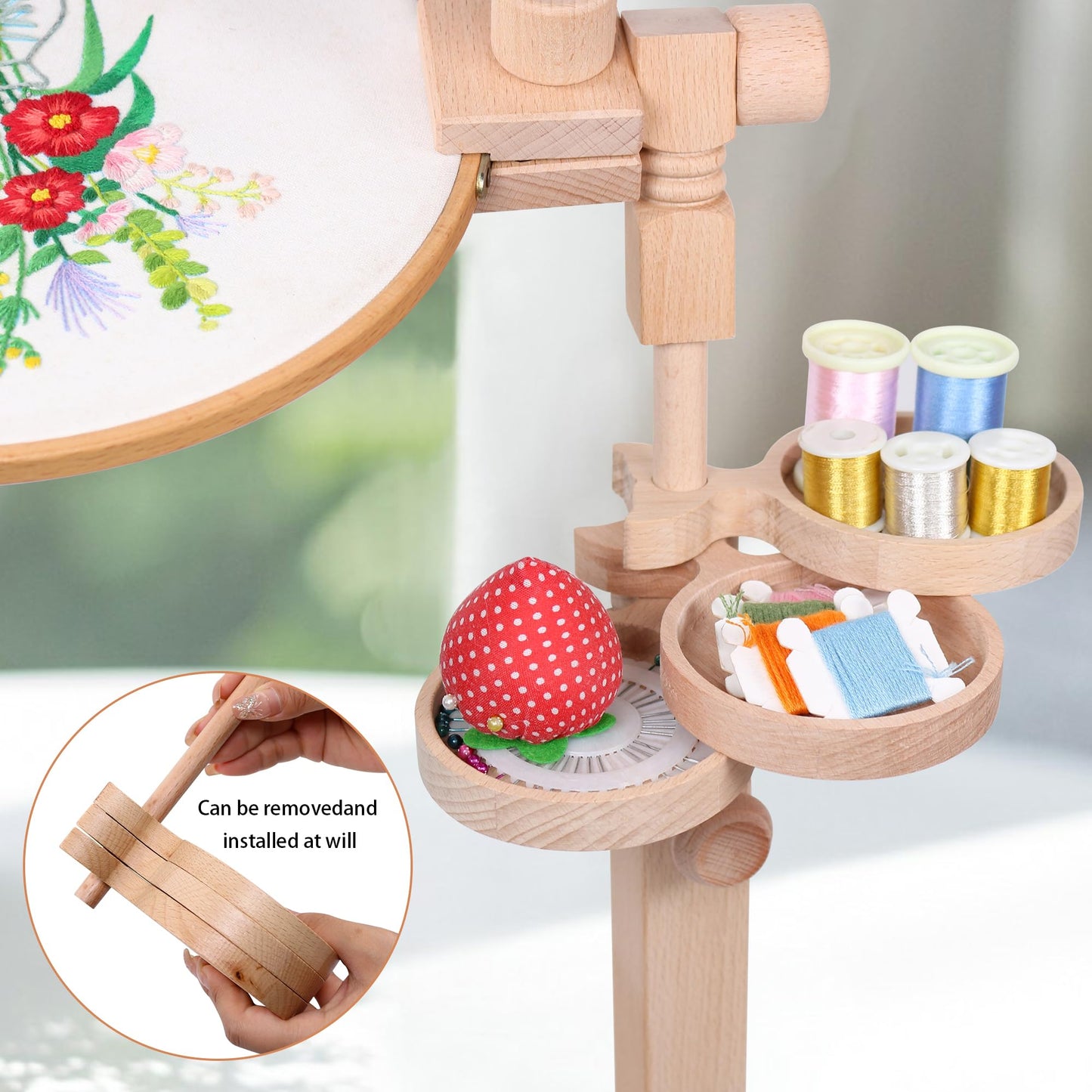 Adjustable Rotating Embroidery Hoop Stand - Beech Wood Holder with Storage Trays, Hands-Free Lap Design for Cross Stitch & Craft Needlework
