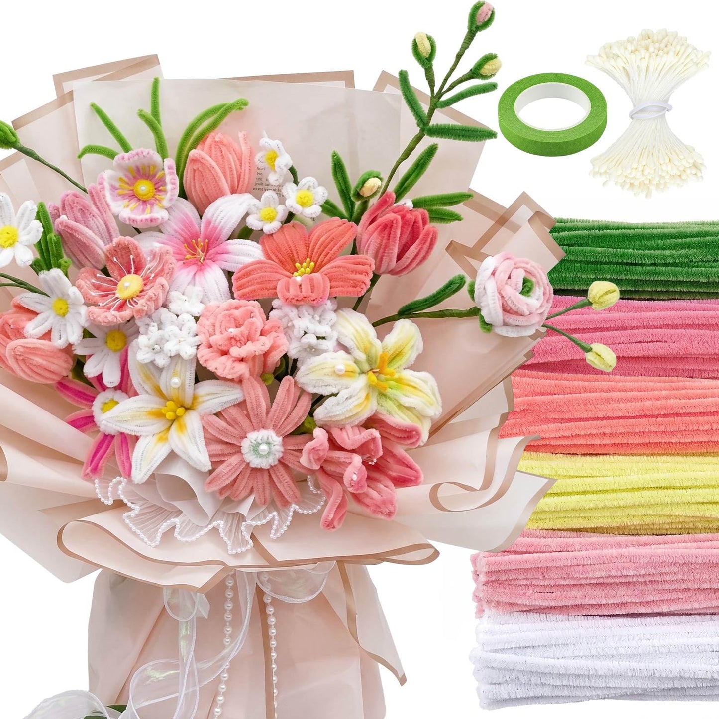Teyva Daily 1200 Pcs Pink Pipe Cleaners Craft Flower Pipe Cleaner Bulk Flower Kit 6 Color Chenille Stems Floral Making Kit with Floral Wires Gardening Tape Stamen Ribbon for Art and Craft Supplies