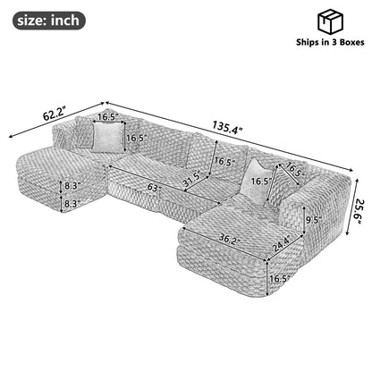 Merax 135.4 Inch Modular Sectional Sofa with 2 Movable Ottomans, Bubble Velvet U-Shape Convertible Couch for Living Room, Reversible Chaise, Includes 4 Throw Pillows, Grey
