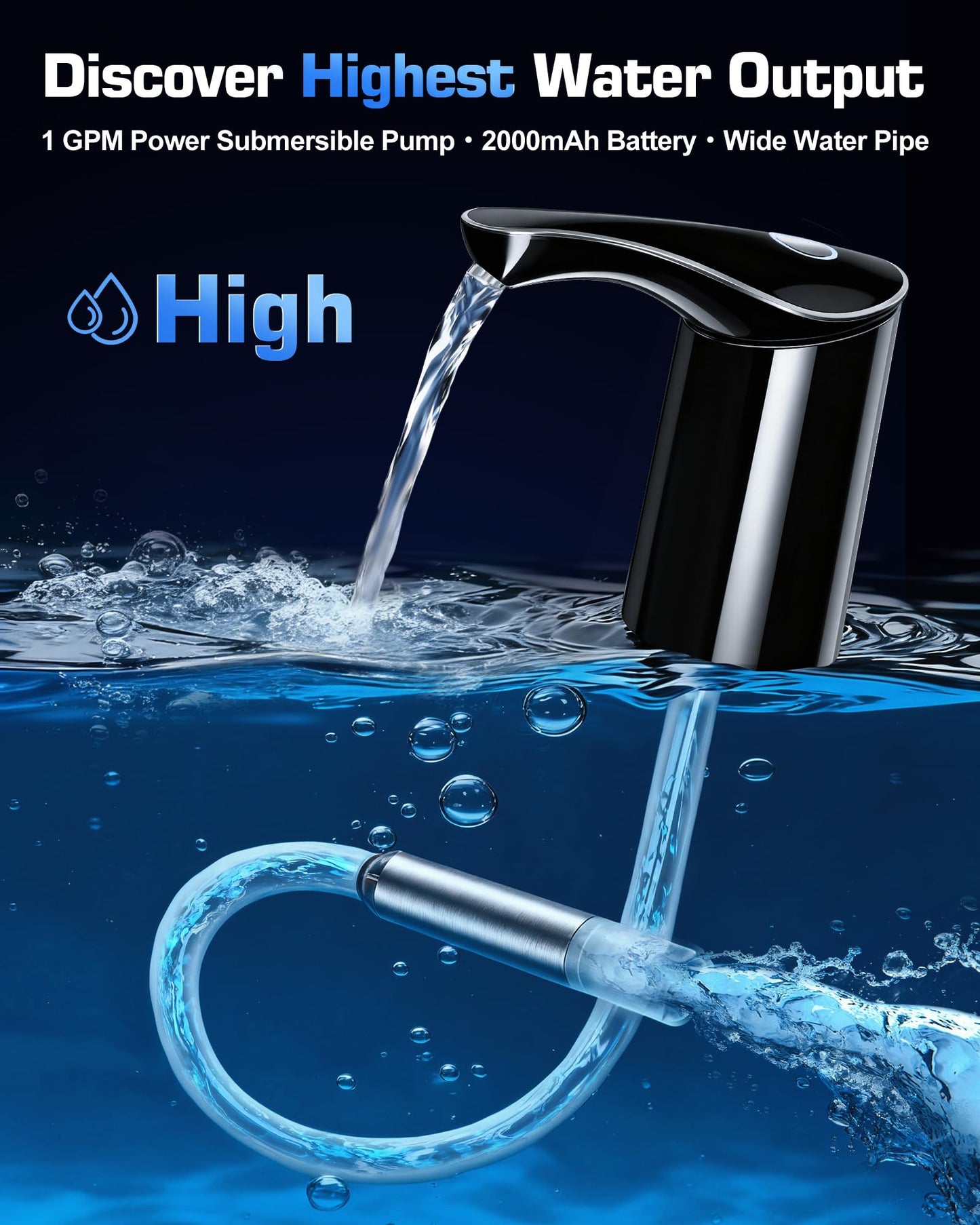 【Highest-Output】 Water Dispenser for 5 Gallon Jug, Electric USB C Water Pump Bottle Whisper-Quiet,Portable Automatic Drinking Jug Pump Rechargeable for Home Office RV Travel Camping(Black)
