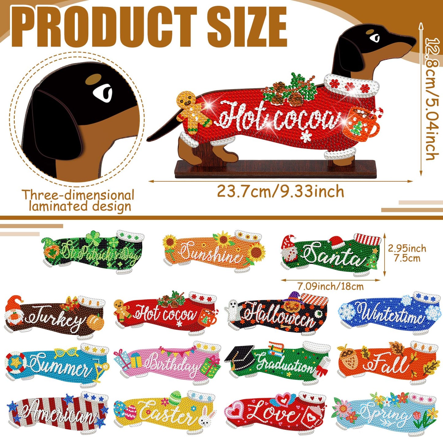 Briwooody 17 Pcs Interchangeable Seasonal Diamond Art Set for Adults Wooden Dachshund Diamond Painting Calendar 2026 Centrepieces for Holiday Spring 4th of July Summer Table Decor Accessories
