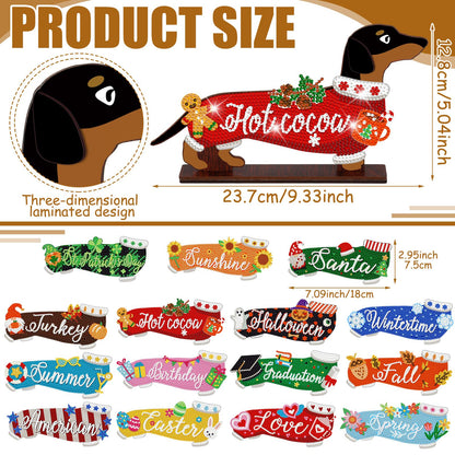 Briwooody 17 Pcs Interchangeable Seasonal Diamond Art Set for Adults Wooden Dachshund Diamond Painting Calendar 2026 Centrepieces for Holiday Spring 4th of July Summer Table Decor Accessories