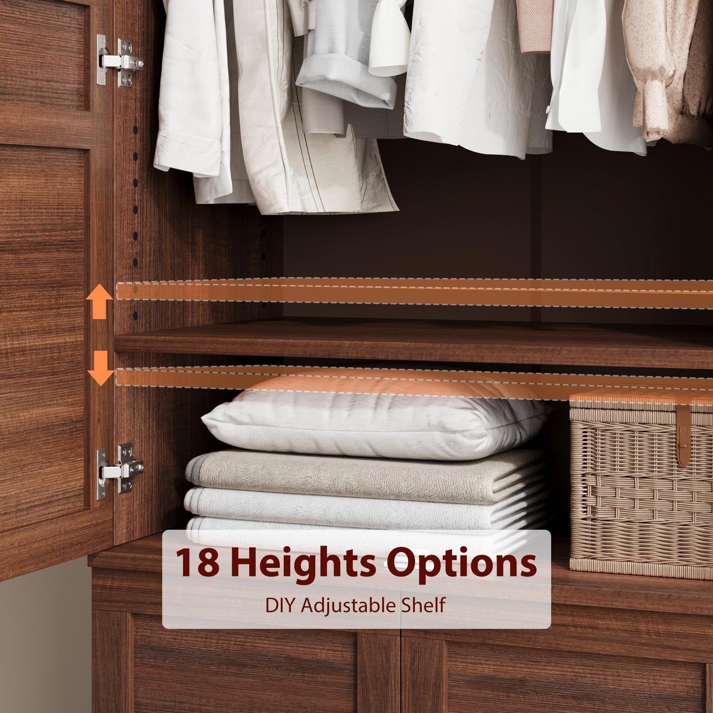 GarveeHome 72" Tall Armoire Wardrobe Closet with 4 Doors, Large Wooden Wardrobe Cabinet with Hanging Rod and Adjustable Shelves, Freestanding Clothing Storage Cabinet for Bedroom, Walnut Brown
