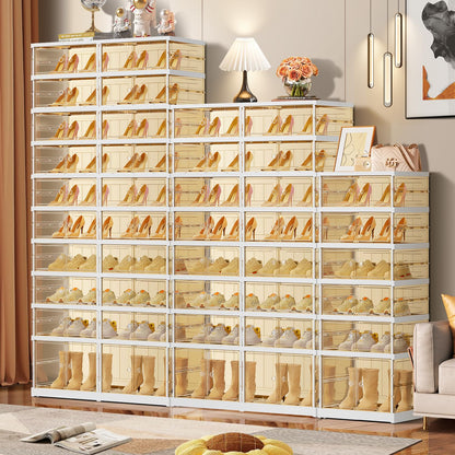 EHAMILY 10 Tiers 20-40 Pairs Foldable Shoe Rack for Closet Plastic Stackable Shoe Boxes for Garage Collapsible Shoes Shelf with Doors Storage Organizer Cabinet Quick Assembly,Brown