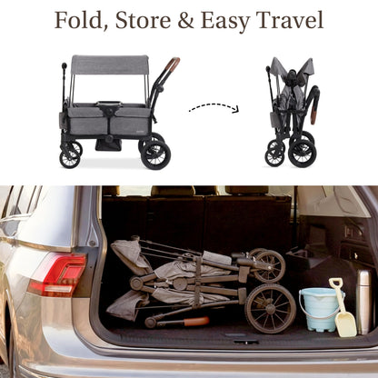 Evolur Trailblazer Wagon Double Stroller in Grey, Foldable Infant and Toddler Stroller Wagon, 5-Point Harness, Removable Canopy, All-Terrain Wheels, Spacious Storage for 2 Kids