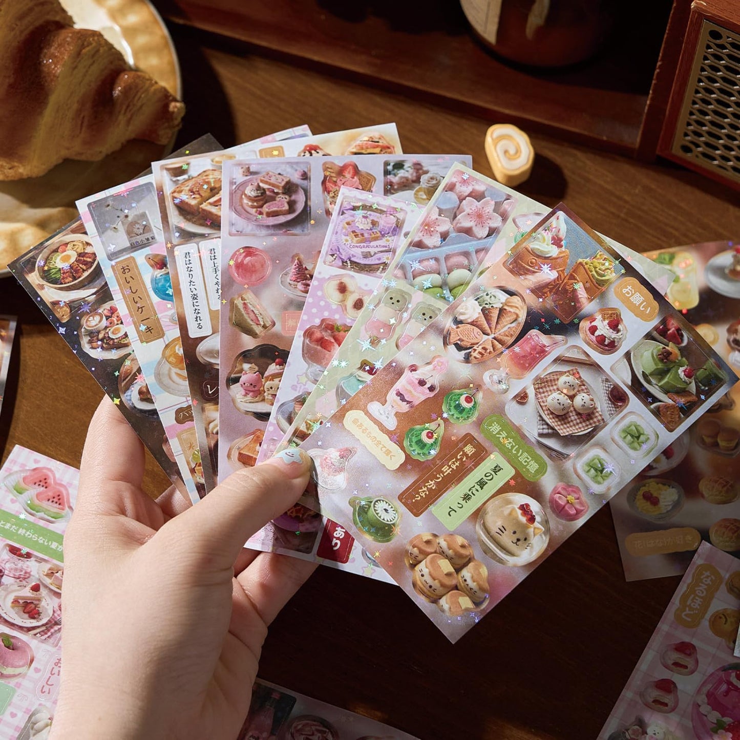 Doukado 660+ Pcs Vintage Scrapbook Stickers Book Set (2 Pks), Holographic Star Glitter Aesthetic Stickers, Retro Japanese Food Theme, Pre-Cut Journaling Supplies for Planner, DIY Crafts