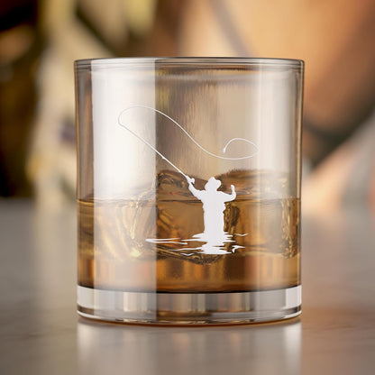 Fly Fisherman Round Rocks Glass, Fisherman Gift Fishing Glass
