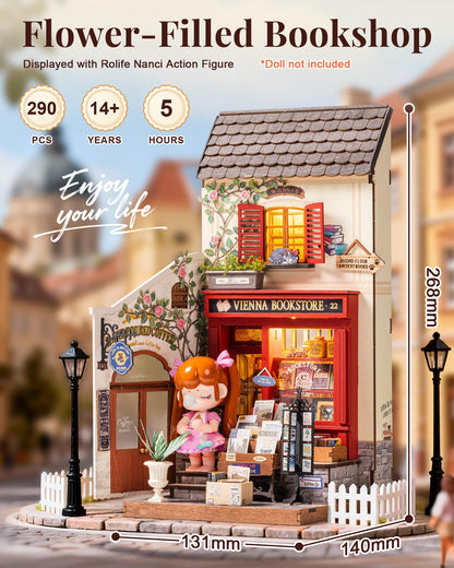 Rolife Book Nook Kit, Vienna Bookstore DIY Miniature Dollhouse Kit with LED Light, 1:18 Scale Miniature Wooden Puzzle for Adults, Mini Building Kit Bookshelf Library Theme Birthday Crafts Gift Decor
