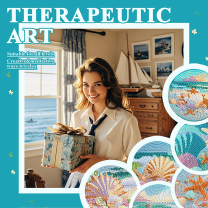 Leatrice Ocean Diamond Art Coasters Set of 6, Small Diamond Painting Kits for Adults Beginners Women, Gem Art Coasters with Holder, Funny Arts Supplies for Kitchen Decor