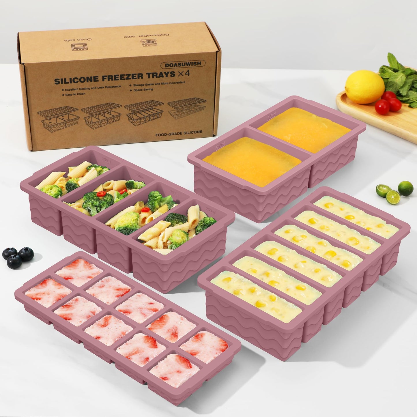 Silicone Freezer Trays with Lid (4-Pack), 1-Cup, 2-Cup, 1/2-Cup & 2-Tbsp Silicone Freezer Molds, Stackable Soup Freezer Meal Prep Containers,Ice Cube Tray for Making Sauce,Smoothies,Yogurt Bites