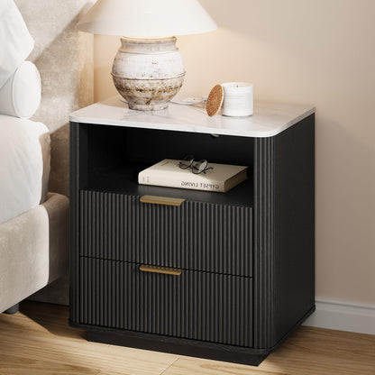 Fluted Nightstand with Charging Station, Bedside Table with Storage & Drawers, Faux Marble-Top, Modern Mid Century Bedside End Table with Drawer, Large Nightstand for Bedroom, Living Room, Black