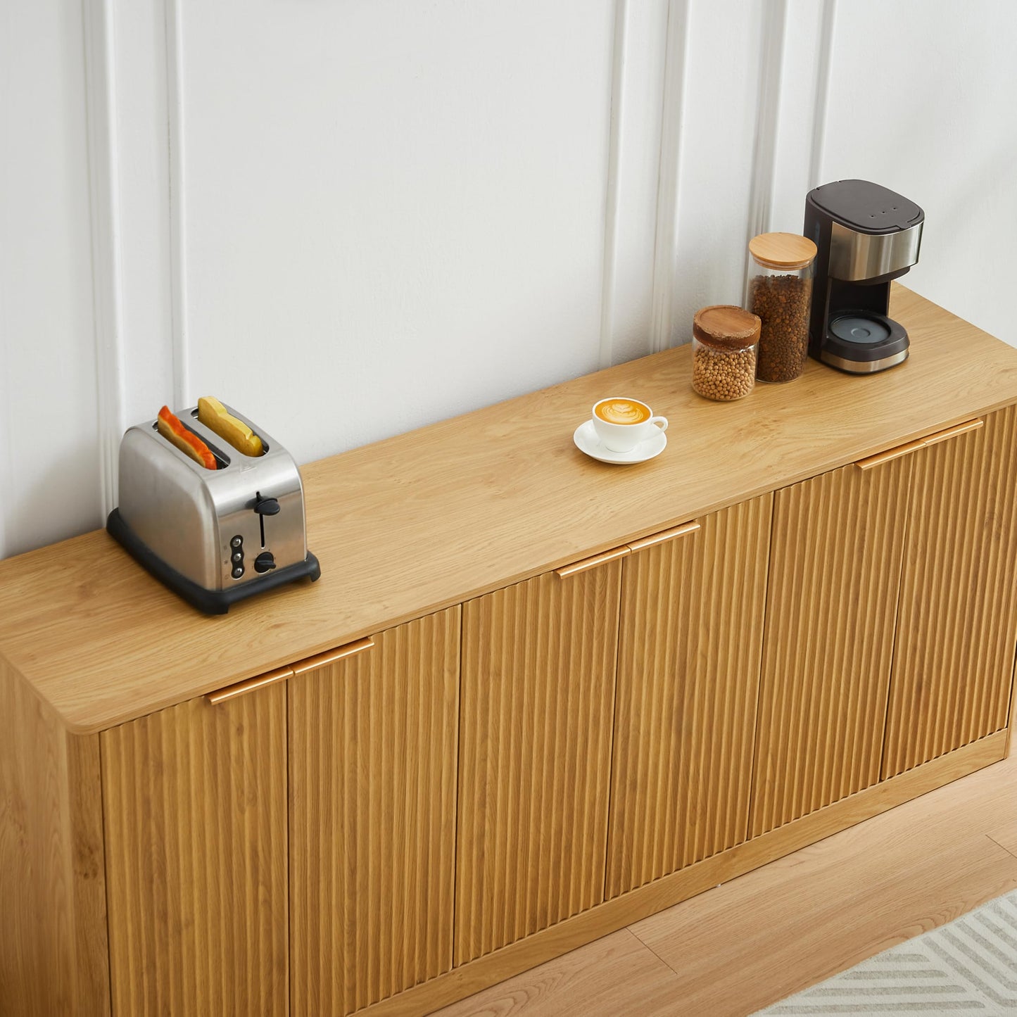 Ball & Cast 67" Modern Fluted Sideboard Buffet Cabinet with Storage,Curved Design Kitchen Coffee Bar Cabinet with 6 Doors & Shelves,Wood Credenza Cabinets Media Console for Living Room,Natural