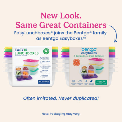 Bentgo Easyboxes 4-Compartment Snack Containers - 8-Piece Set with 4 Trays & 4 Custom-Fit Lids to Seal in Freshness - Reusable Food Storage & Meal Prep Bento BPA-Free Containers (Brights 4-Pack)