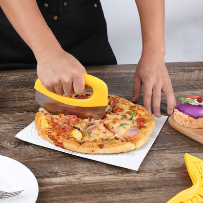 Suanyok Premium Pizza Cutter Food Chopper-Super Sharp Blade Stainless Steel Pizza Cutter Rocker Slicer with Protective Sheath Multi Function Pizza Knife Kitchen Tools,Dishwasher Safe (Yellow)