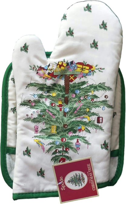 Spode Christmas Tree Kitchen Gift Set, 2-pc: Oven Mitt & Square Pot Holder