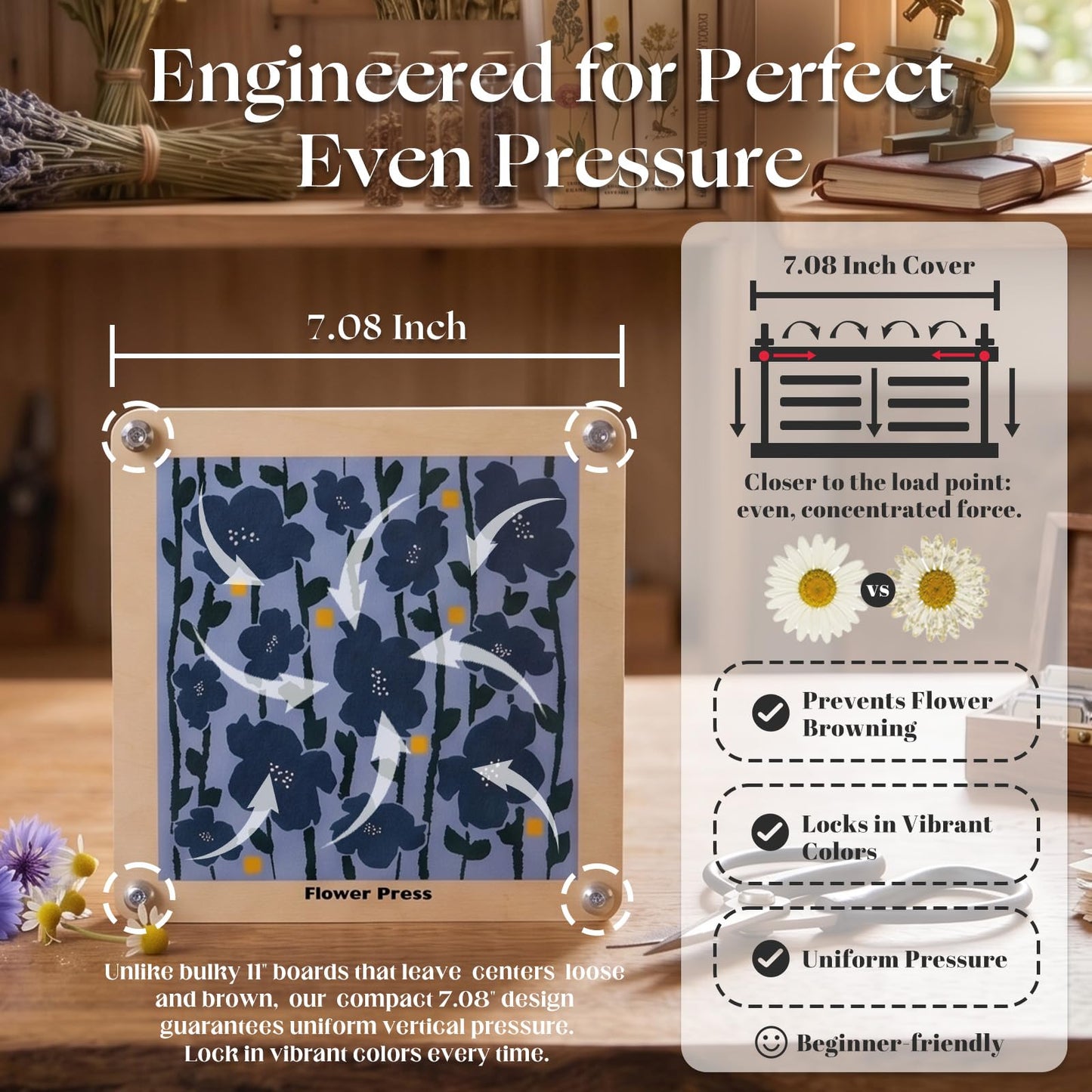 Fuwuu Flower Press Kit 7.1" - Medium Wooden Plant Pressing Book for DIY Art, Blue Camellia Design 6-Layer Leaf Flower Preservation Kit for Adults, Herbarium Scrapbooking Craft Gift