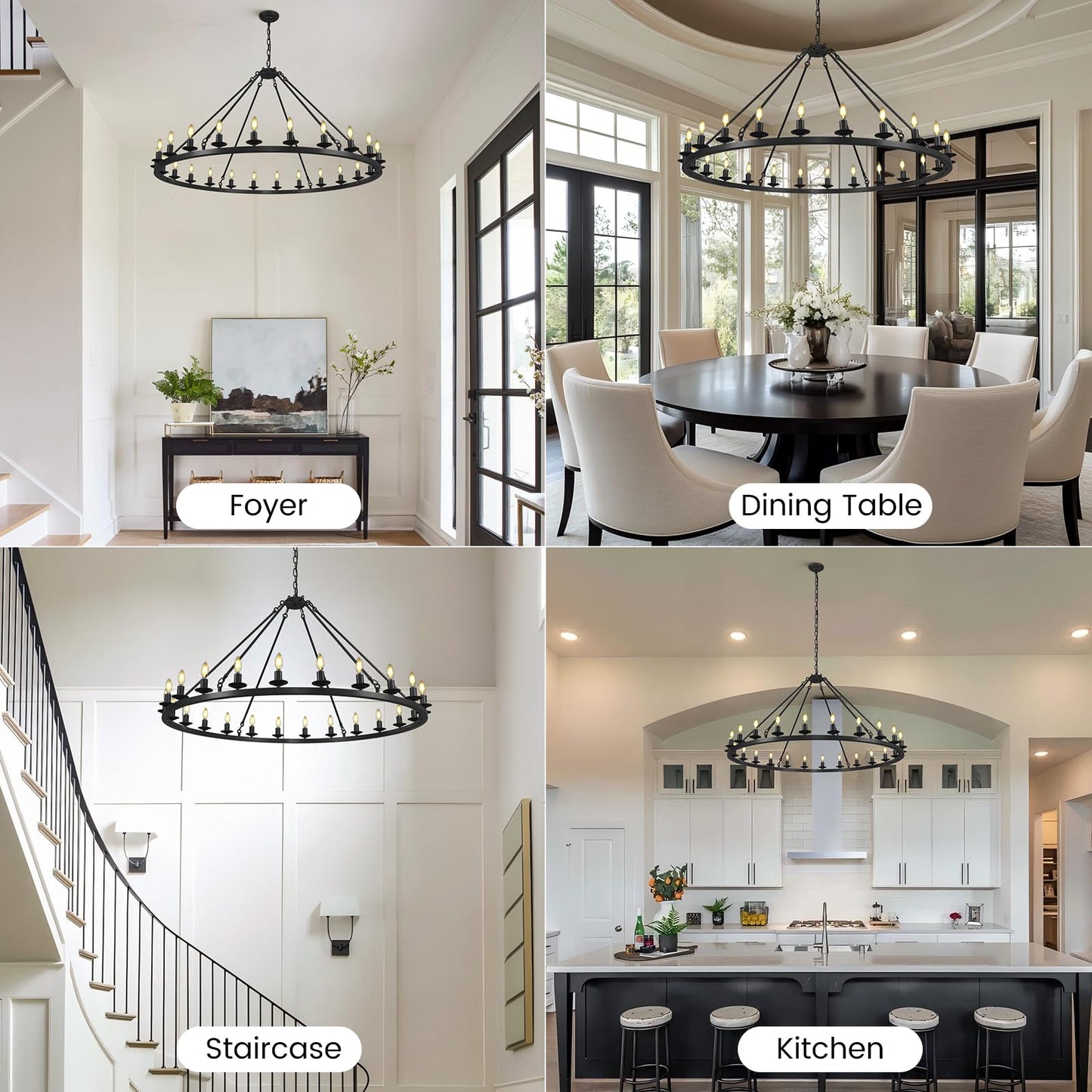 RWOGNLO 54" Black Large Wagon Wheel Chandelier, Farmhouse Round Chandeliers for Dining Room, 24-Light Modern Living Room Chandeliers Ceiling Fixtures for Bedroom, Foyer, Entryway, Staircase, Kitchen