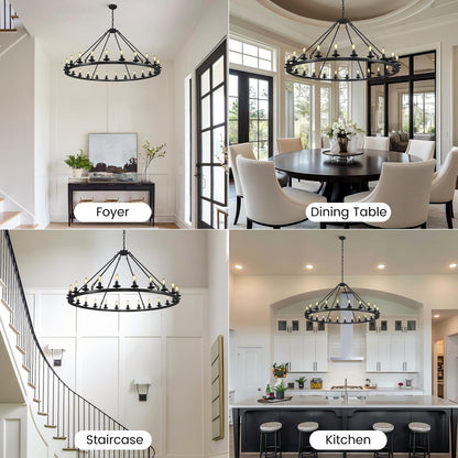 RWOGNLO 54" Black Large Wagon Wheel Chandelier, Farmhouse Round Chandeliers for Dining Room, 24-Light Modern Living Room Chandeliers Ceiling Fixtures for Bedroom, Foyer, Entryway, Staircase, Kitchen
