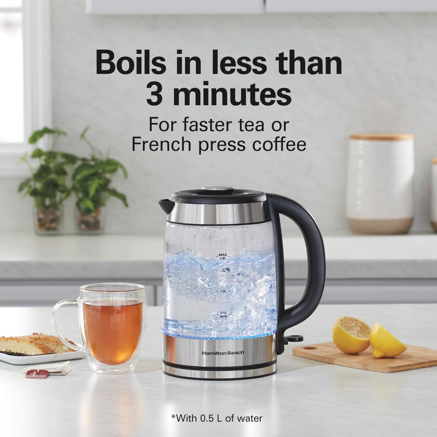 Hamilton Beach Electric Tea Kettle, Water Boiler & Heater, 1.8 Liter, Cordless Serving, 1500 Watts for Fast Boiling, Auto-Shutoff and Boil-Dry Protection, Easy-View Glass (40853C)