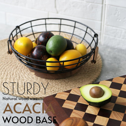 Black Wire Fruit Basket with Acacia Wood Base, Large Fruit Bowl for Countertop, Storage for Fruits, Breads, Vegetables