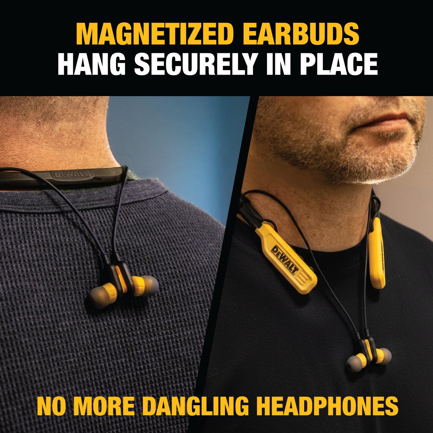 DEWALT Heavy Duty Bluetooth Neckband Headphones, Wireless Around The Neck Earbuds w/ 30H Runtime + Noise Isolation, Secure Magnetic Wireless Earbuds, Jobsite Pro Built-in Mic Bluetooth Headsets