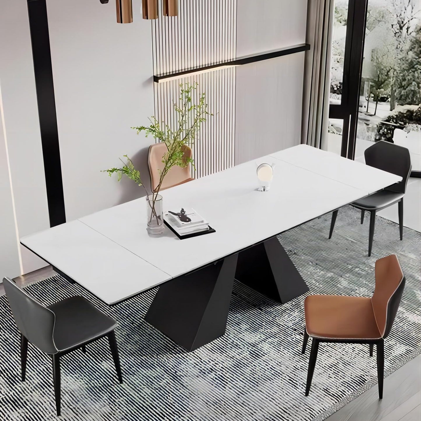 TimesGate Extendable Dining Table for 8-12 Seat, Flexible Stretch, Tabletop Made from Rock Plate and Tempered Glass, Solid Carbon Steel Base, 35.4" D x 94.5" W x 30" H, White Top