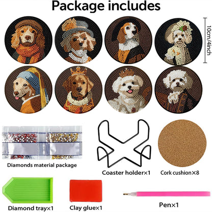 Yijingtop Retro Dog Diamond Art Painting Coasters Kit, 8 Pieces Puppy Diamond Art Coasters with Holder, DIY Funny Dog Small Diamond Art for Beginners