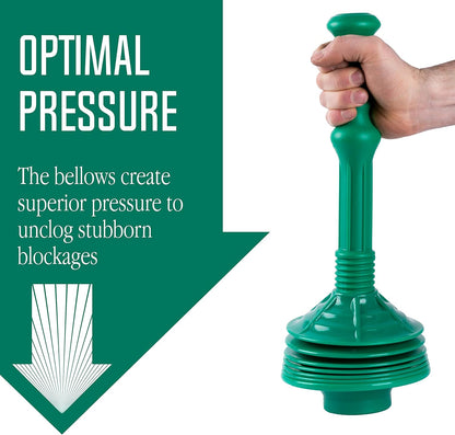 JS Jackson Supplies Professional Bellows Toilet Plunger, High Pressure Thrust for Heavy Duty Clogs, Green