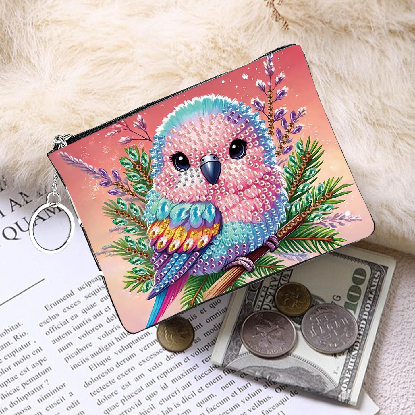 JZHYOAN Animal Diamond Painting Small Coin Purse for Women DIY Bird Coin Pouch Coin Purse with Zipper and Keyring Diamond Art Purses and Wallets Gem Art Handbags Wallet Keychain for Cards Keys Craft