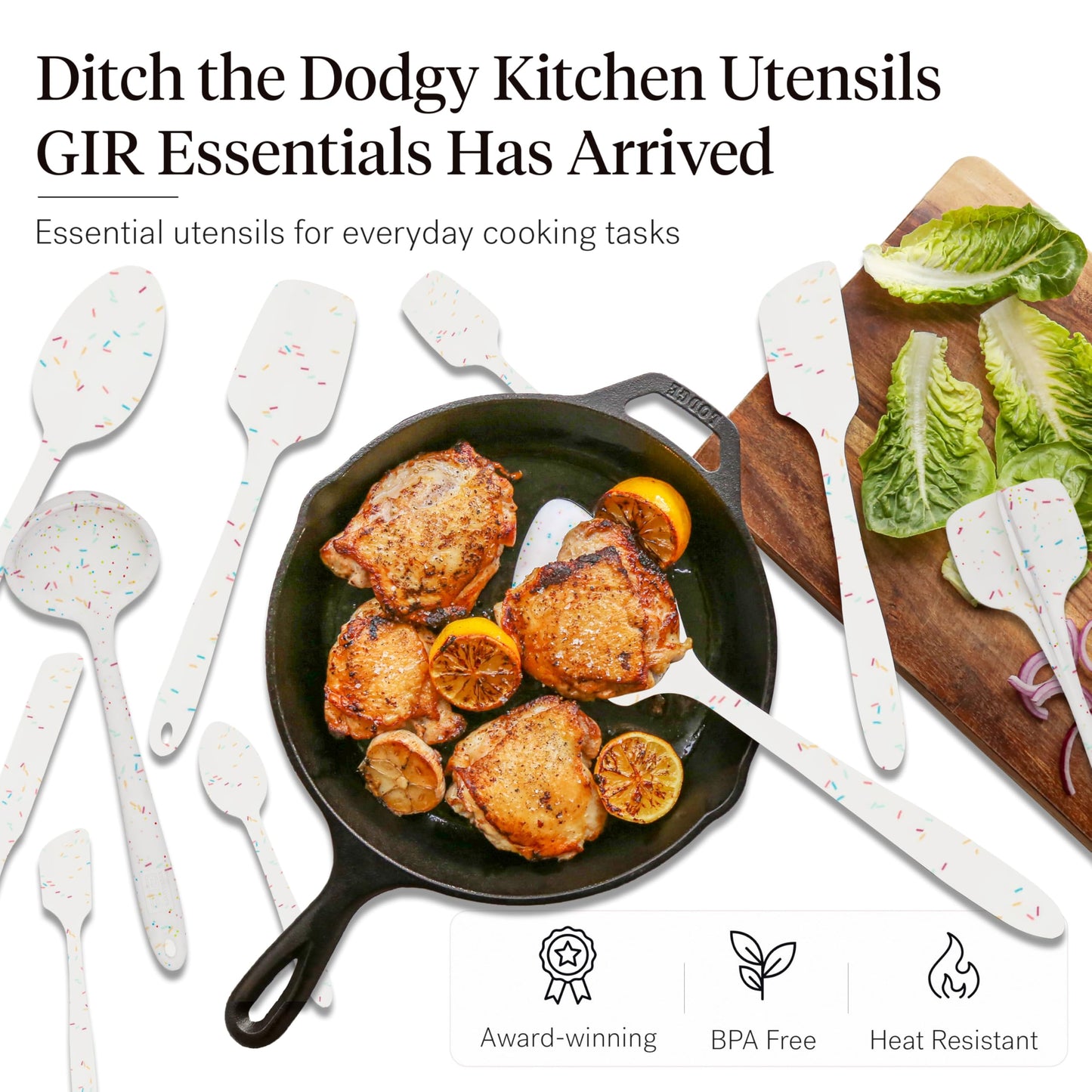 GIR: Get It Right 10-Piece Silicone Ultimate Kitchen Utensil Set – Spatulas, Ladle, Flip, Spoons, Whisk, Peeler & Spoonula – Nonstick, Non-Toxic, Heat-Resistant – Sprinkles