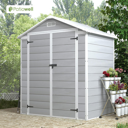 Patiowell 6x4 FT Resin Outdoor Storage Shed with Floor, Plastic Storage Shed with Lockable Door, Outside Shed Perfect to Store Patio Furniture, GardenTools Bike Accessories, Lawn Mower, Light Gray