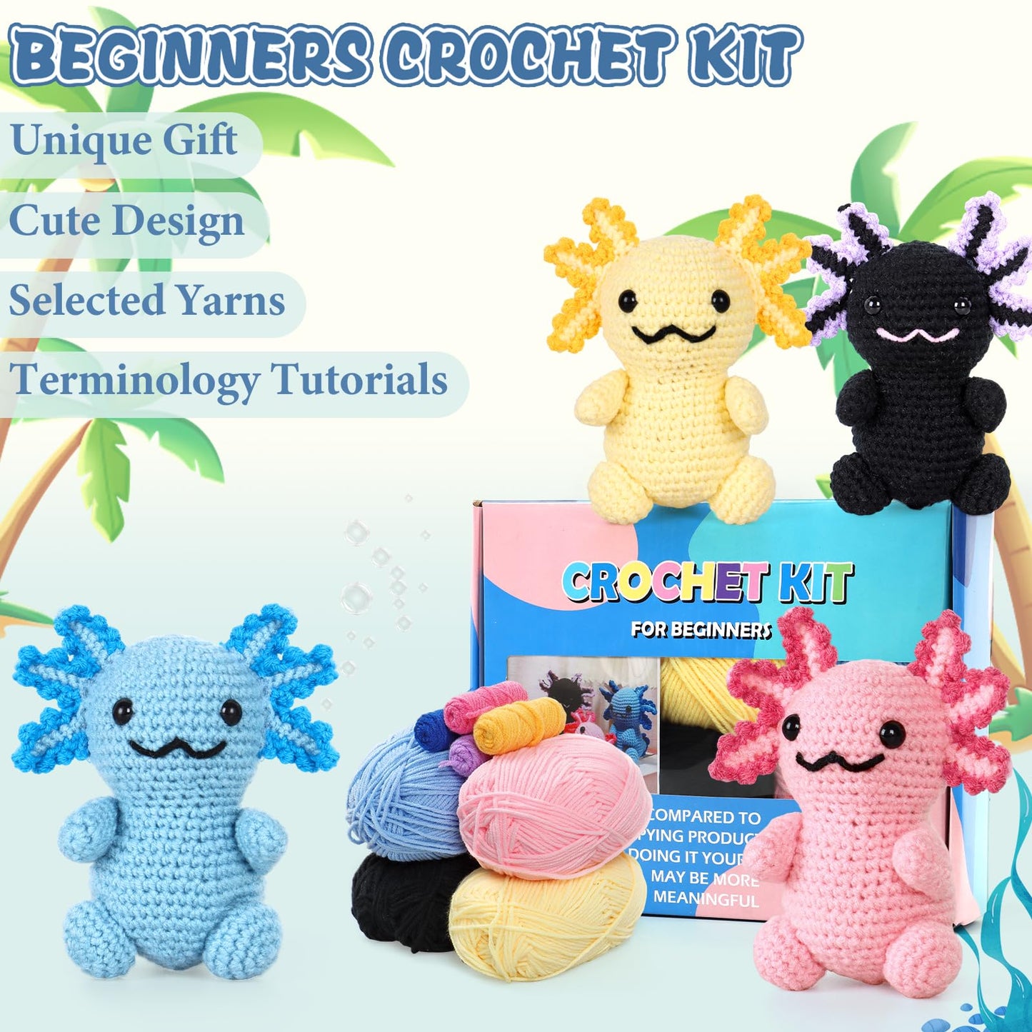Weldomcor Crochet Kit for Beginners, Amigurumi Crocheting Animals Kits for Adults with Step-by-Step Video Tutorials Knitting Yarn Hooks DIY Crafts Starter Supplies Gifts Set (4 Pcs Mini Axolotls)