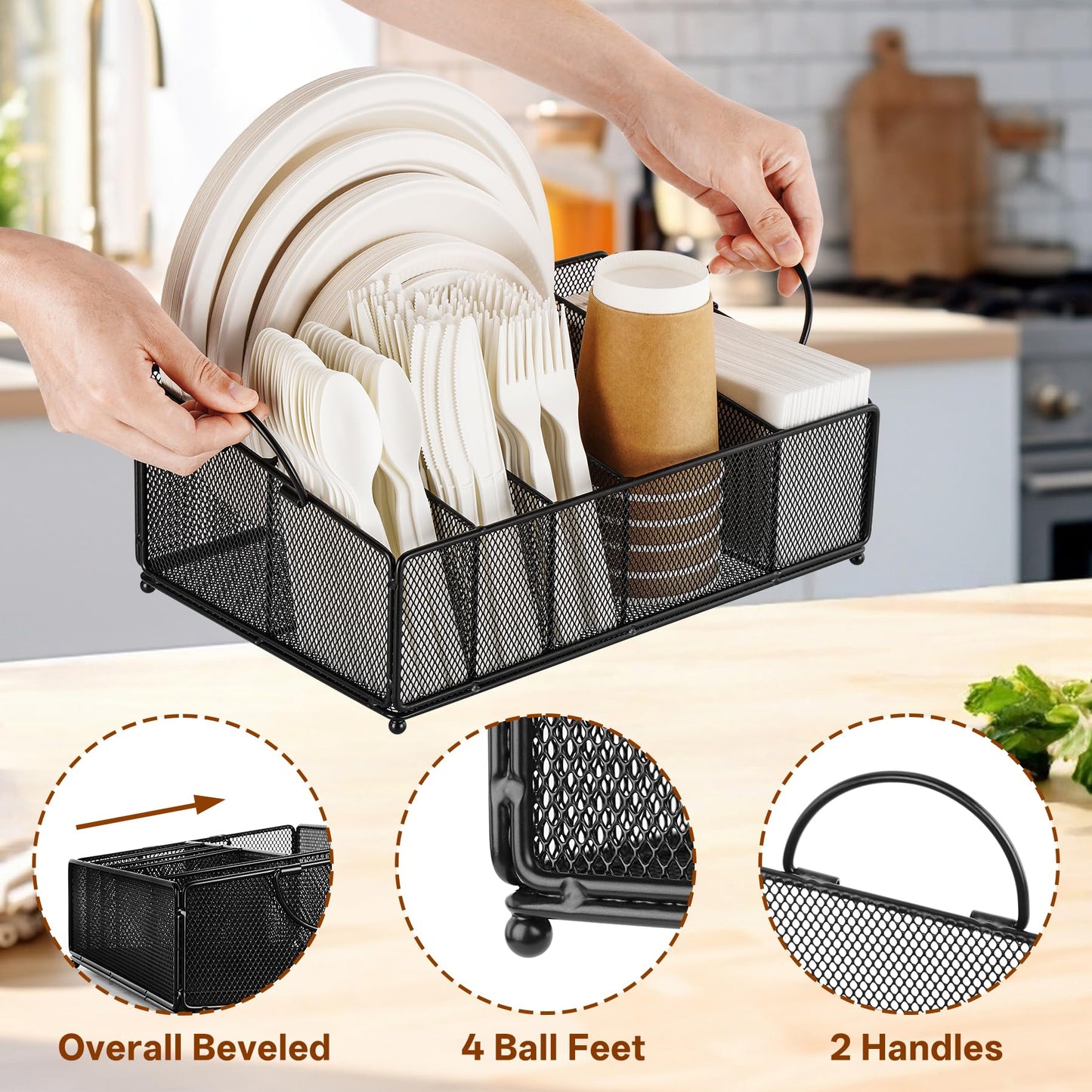 Cairondin Large Paper Plate and Silverware Caddy for Countertop Party Picnic Camping, Plastic Cutlery Holder Organizer for Disposable Plate Cup Flatware Utensil Napkin, Black