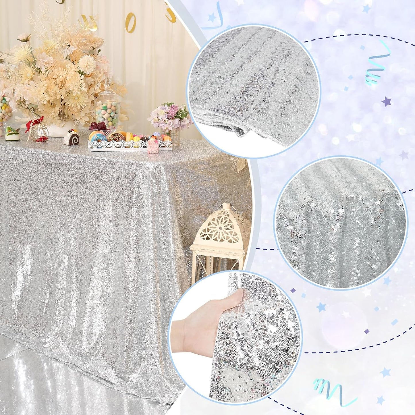 PartyDelight Silver Sequin Tablecloth Overlay 50 X 50 Inch for Wedding, Party, Birthday, Bridal, Baby Shower Decorations