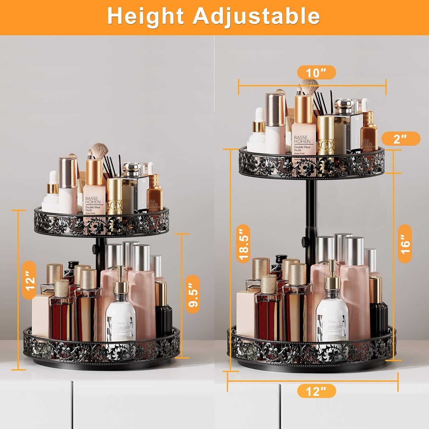 2 12 Inch Countertop Two Tier Lazy Susan Organizer Turntable Height Adjustable, Tier Lazy Susan Metal Easy Assembly