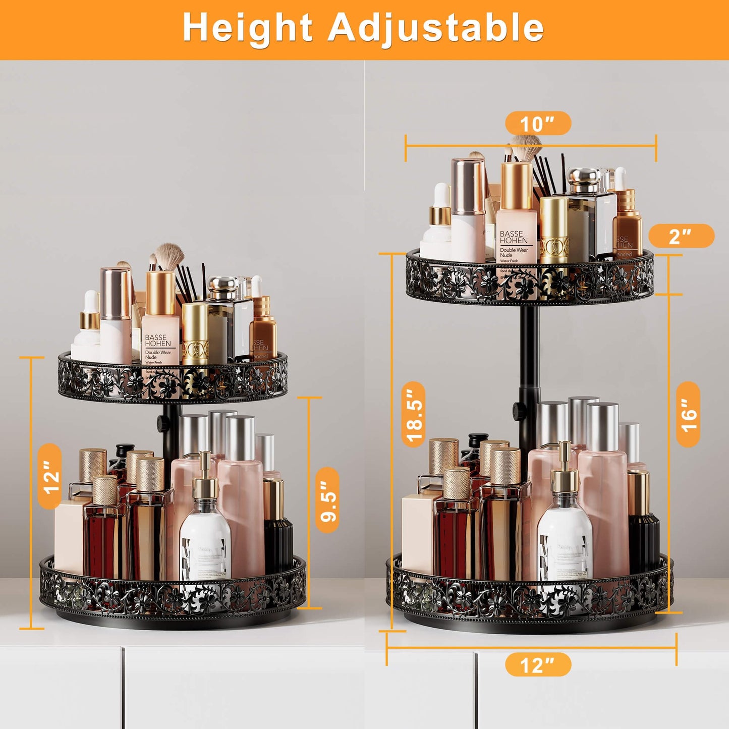 Two Tier Lazy Susan Organizer Turntable Height Adjustable, 2 Tier Lazy Susan 12 Inch Metal Easy Assembly, Spice Rack Organizer Rotating for Cabinet Dining Table Top Kitchen Countertop Black