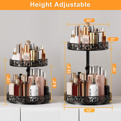 Two Tier Lazy Susan Organizer Turntable Height Adjustable, 2 Tier Lazy Susan 12 Inch Metal Easy Assembly, Spice Rack Organizer Rotating for Cabinet Dining Table Top Kitchen Countertop Black