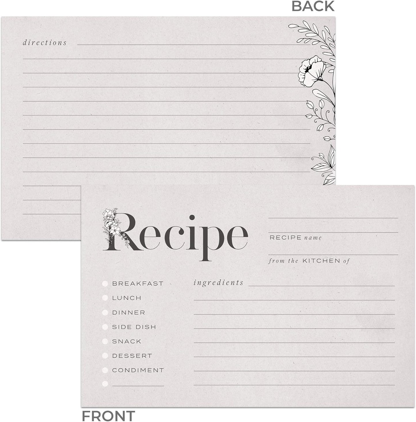 Rustic Vintage Floral Recipe Cards: 48 Cards, 4x6 inches, Beige-Grey, Water-Resistant and Double-Sided