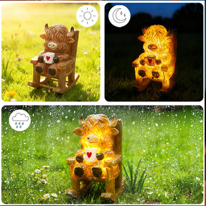 LIULO TOOL Solar Powered Miniature Highland Cow Decor, Fairy Garden Accessories, Outdoor Lights Solar Figures for Outdoor Garden Yard, Gift for Mom Grandma