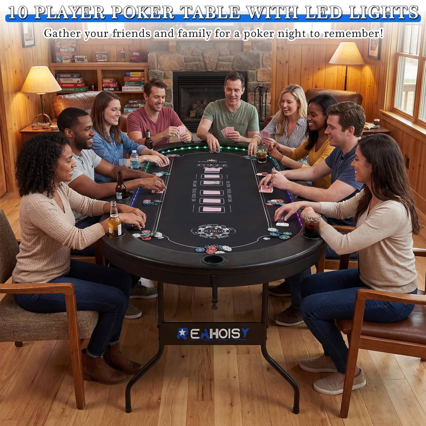 REAHOISY LED Poker Table for 10 Players, 84" Oval Foldable Texas Holdem Casino Table with Tri-Color LED Lights, Board Game Table for Home Game Room with 10 Cup Holders and Padded Armrests