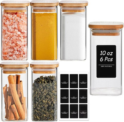ComSaf 10 oz Large Glass Spice Jars - 6-Piece Set with Bamboo Lids & Labels | Ideal Kitchen Starter