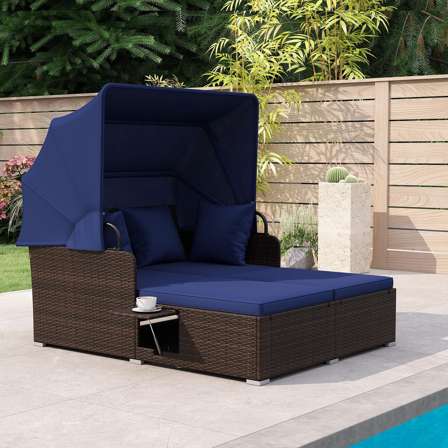 RELAX4LIFE Patio Outdoor Daybed with Canopy, Wicker Rattan Sunbed w/Cushions, 4 Pillows & 2 Retractable Side Trays, 2-Person Lounge Bed Conversation for Poolside Porch Garden (Mix Brown-Navy)