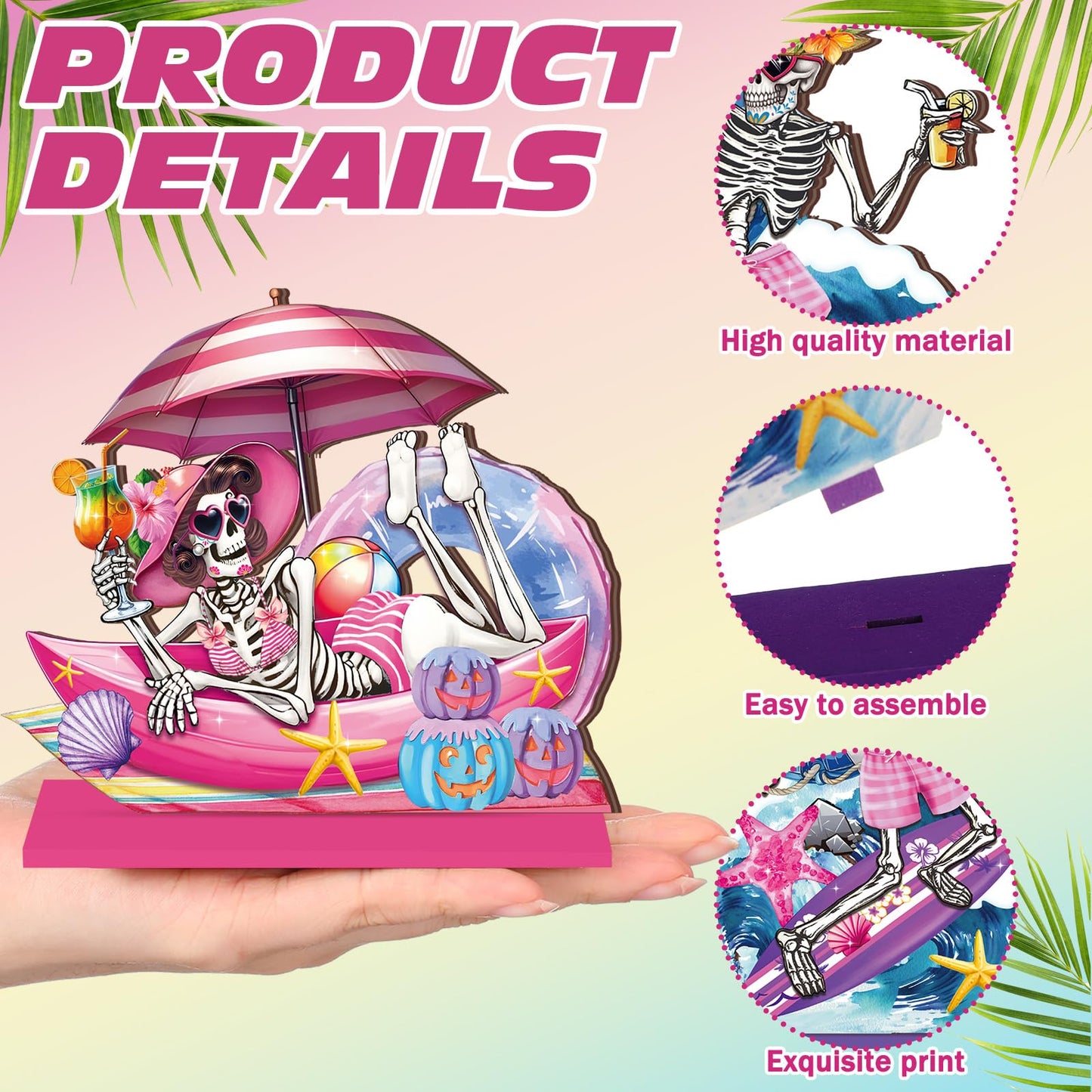 Amyhill 8 Pcs Summer Halloween Wooden Skeleton Table Decorations Summer Halloween Party Decorations Spooky Beach Skeleton Flamingo Centerpieces for Table Skull Tabletop Signs for Hawaiian Home Office