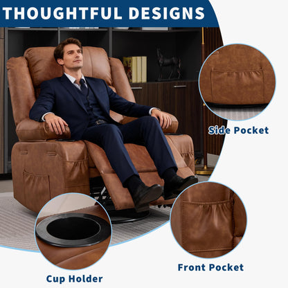 Rocking Recliner Chair for Adults PU Leather Wide Upholstered Glider Recliner with Cup Holder Deep Seat Single Sofa Rocker Chair for Nursery Living Room