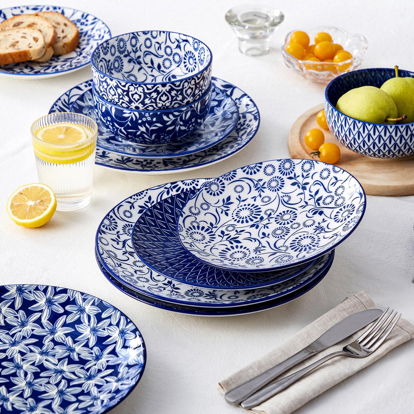 vancasso SELENE Plates and Bowls Set for 4, 12 Pieces Dinnerware Sets, Mircowave and Dishwasher Safe Dishes Set, Porcelain Blue Dinnerware