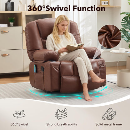 Oversized Wide Recliner Chair-Heat and Vibration Massage, PU Leather Manual Recliner for Adults, 360° Swivel Rocker Chair with Cup Holders & Side Pocket,Lazy Boy Chair for Living Room, Bedroom,Brown