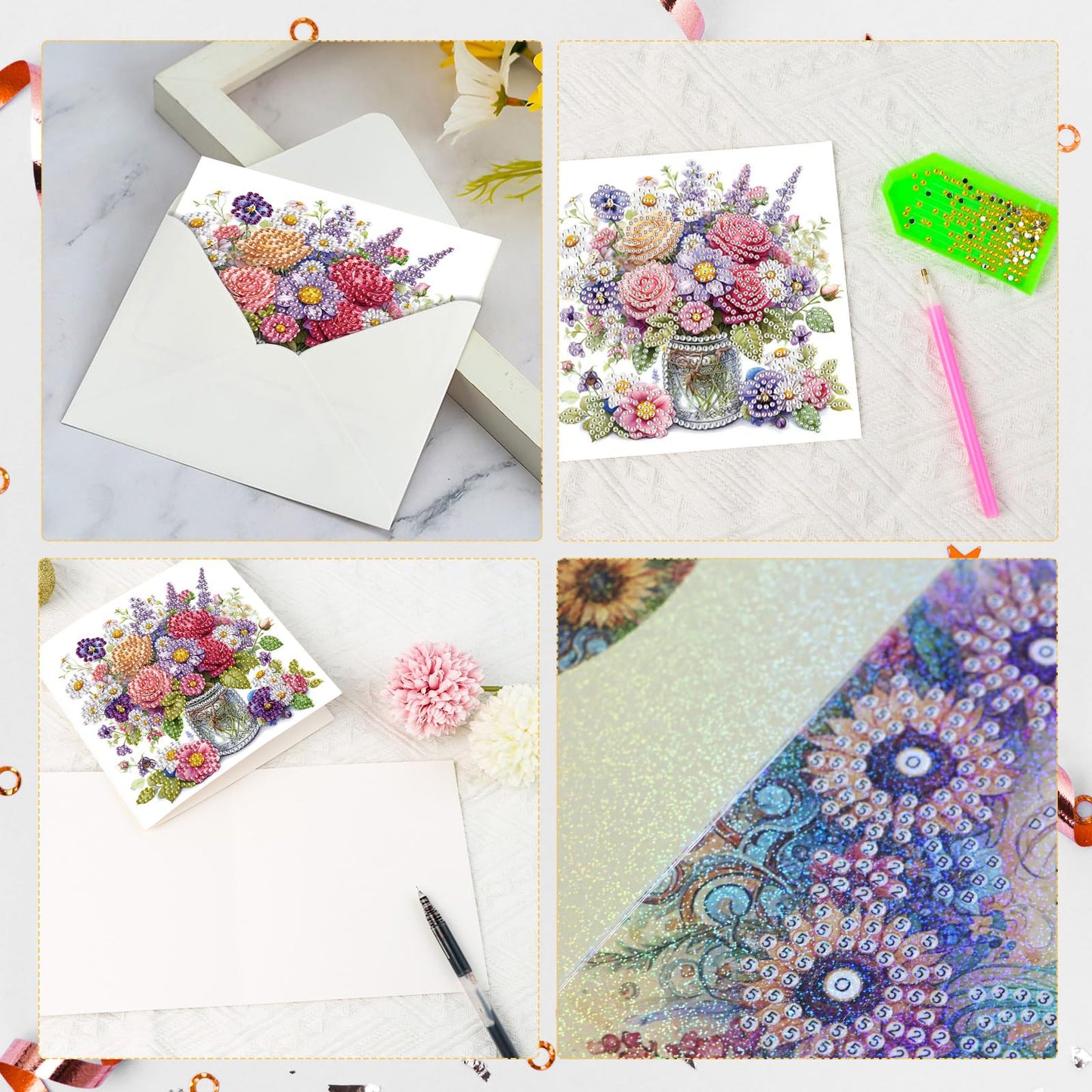 Tontut 6pcs Diamond Art Painting Greeting Card, Pretty Vase Beautiful Flowers 5D DIY Special Shape Diamond Painting Christmas Birthday Greeting Card Creative Gifts