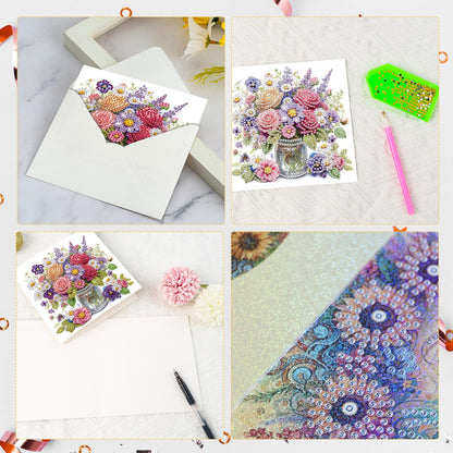 Tontut 6pcs Diamond Art Painting Greeting Card, Pretty Vase Beautiful Flowers 5D DIY Special Shape Diamond Painting Christmas Birthday Greeting Card Creative Gifts